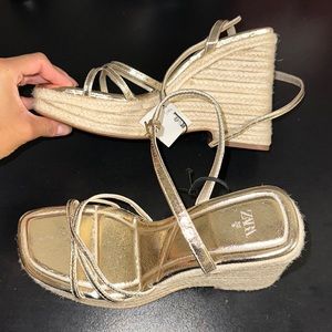Zara gold strap espadrille wedges